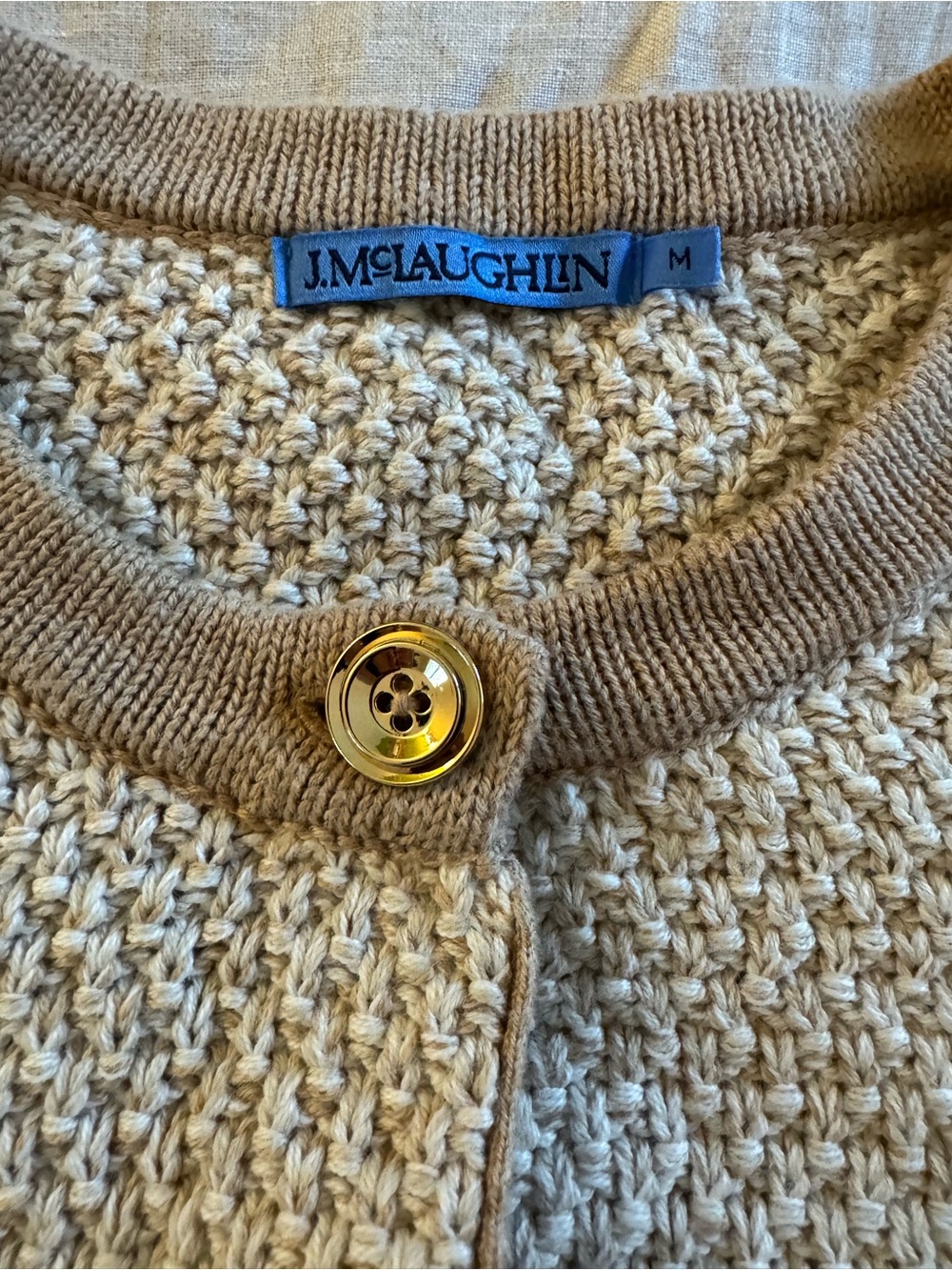 J. McLaughlin Beige Knit Cardigan with Tan Trim - Picture 3 of 4